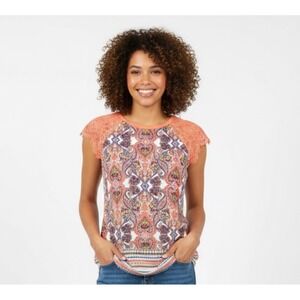 Bisou Bisou Womens Top Size S Paisley Lace Short Sleeve Orange Blue Boho Y2K‎